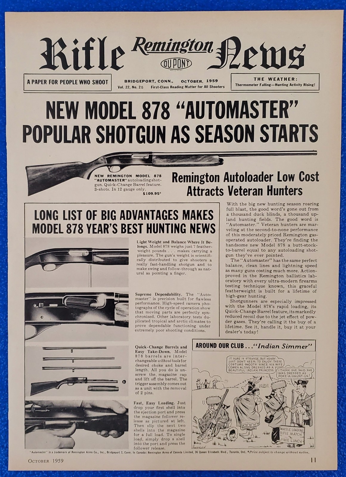 OCT 1959 REMINGTON RIFLE NEWS PRINT AD FEATURNING MODEL 878 AUTOMASTER SHOTGUN