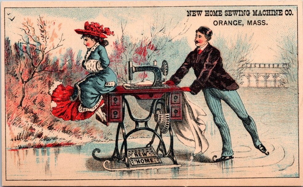 New Home Sewing Machine Ice Skates Skaters Woman Getting Ride Orange MA NPV1