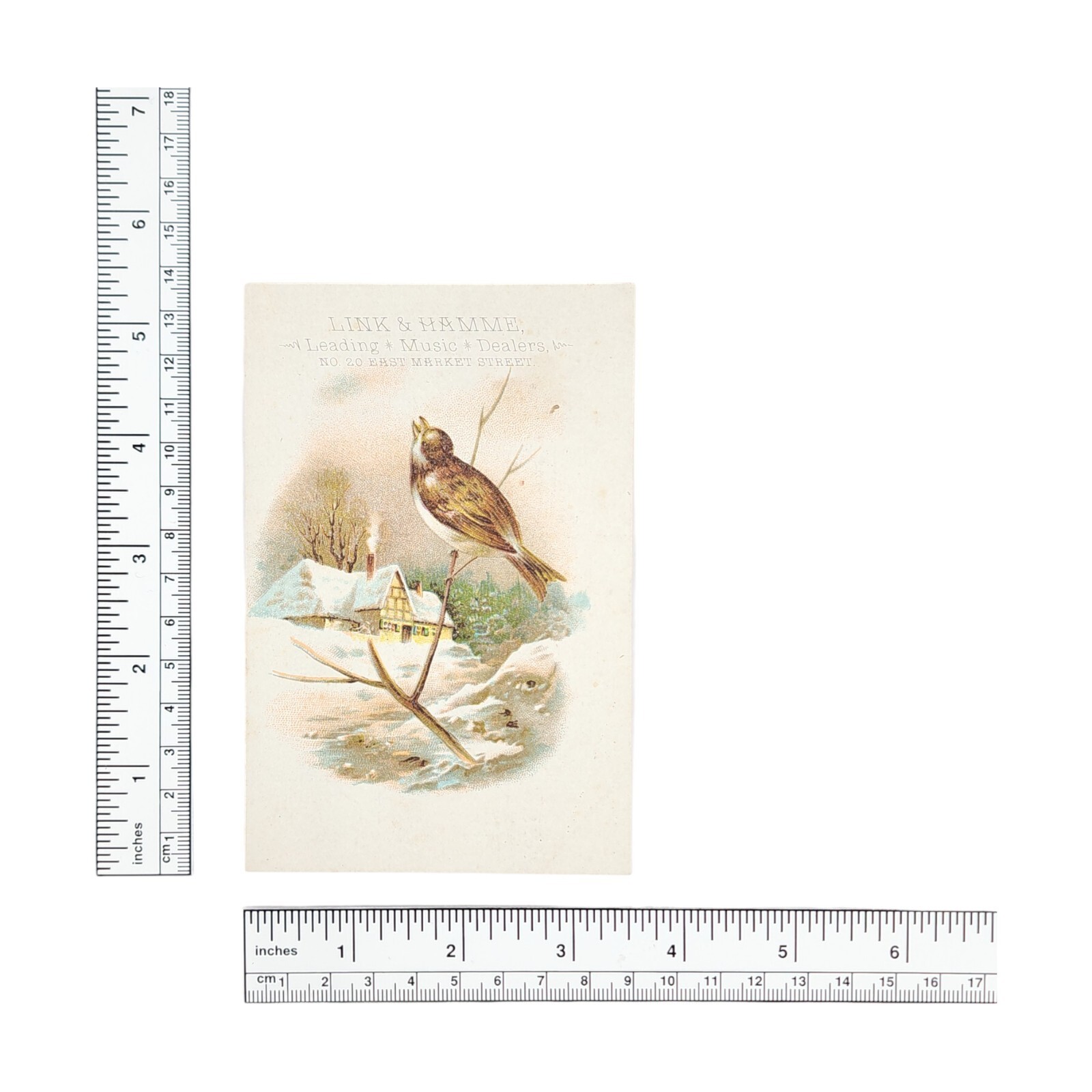 Link & Hamme Leading Music Dealers Songbird Winter Scene Vintage Trade Card