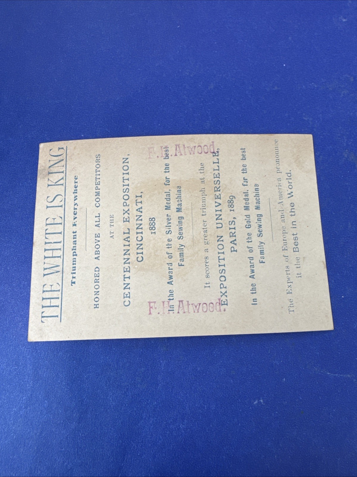 F. H. Atwood Trade Card-White Sew Machine- W344
