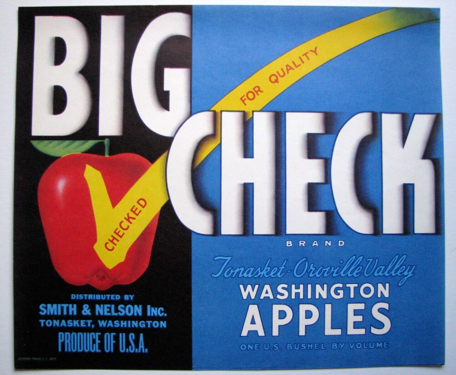 Original scarce BIG CHECK apple crate label Tonasket WA Smith & Nelson blue
