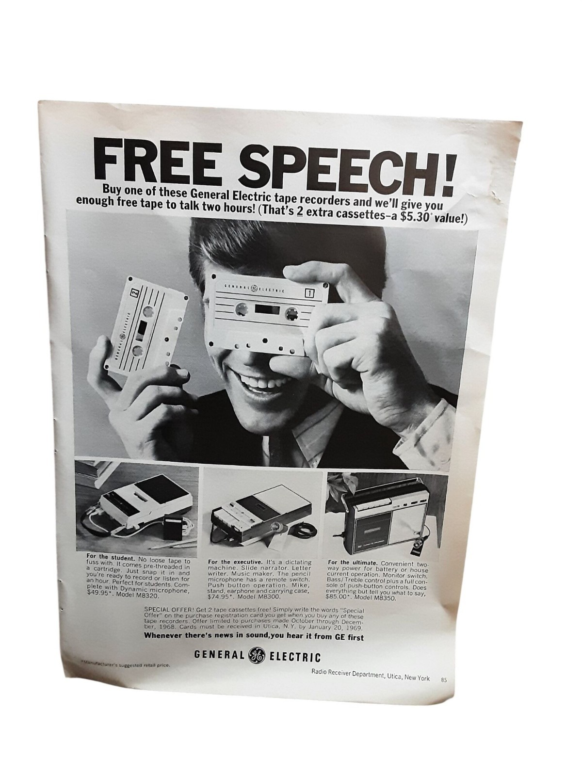 1968 General Electric Cassette Tape Recorder Ad GE Audio Print Ad