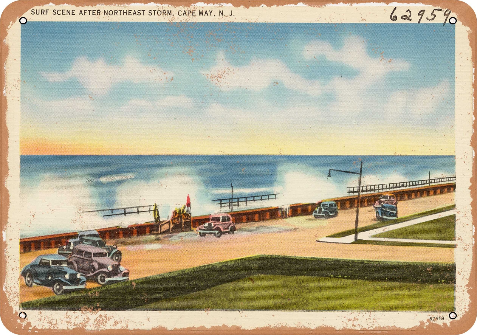 METAL SIGN – New Jersey Postcard – Surf scene after northeast storm, Cape May,