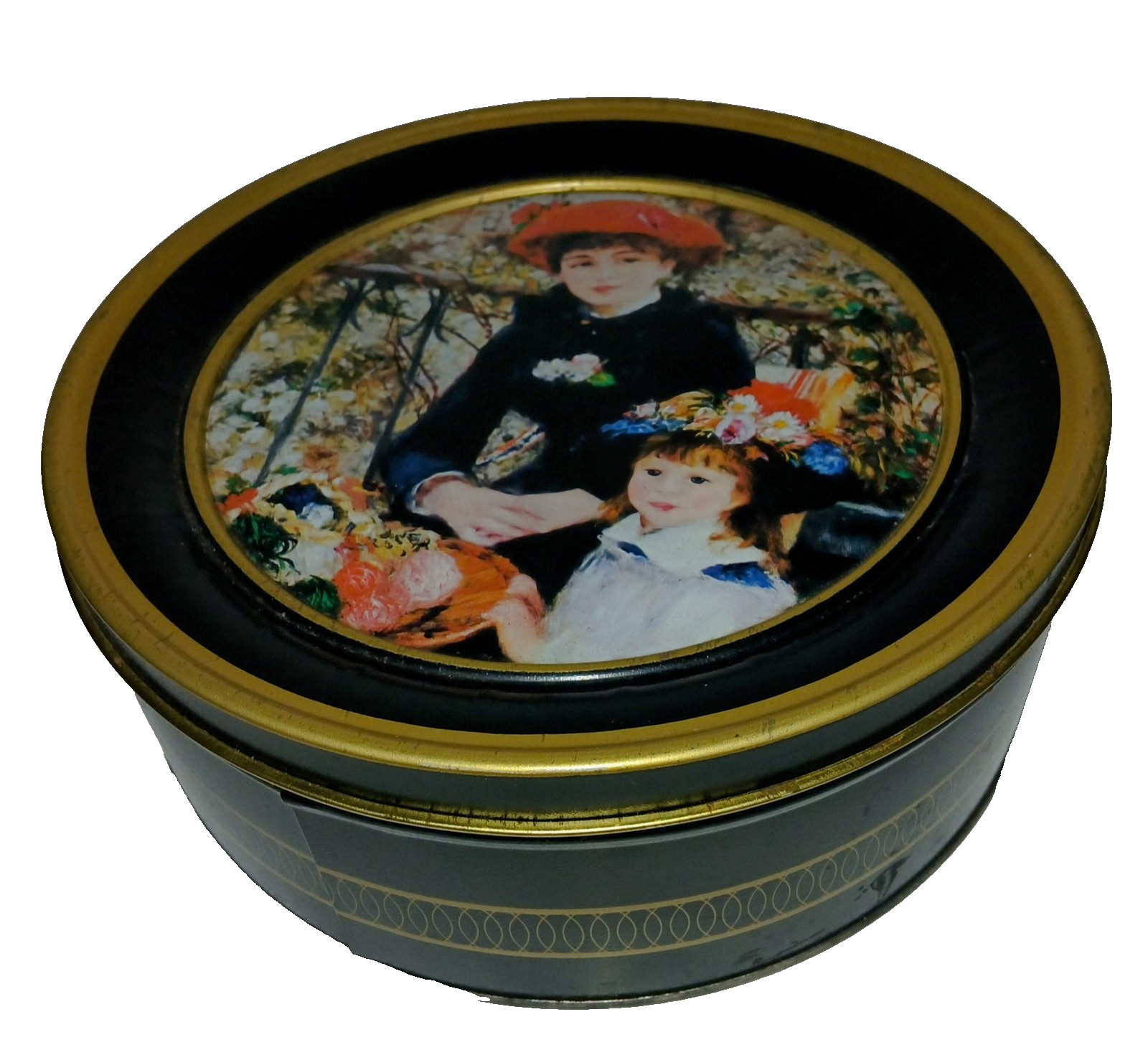 Renoir’s 1881 Painting “Two Sisters” Decorative Black Metal Tin Cookie Candy Vtg