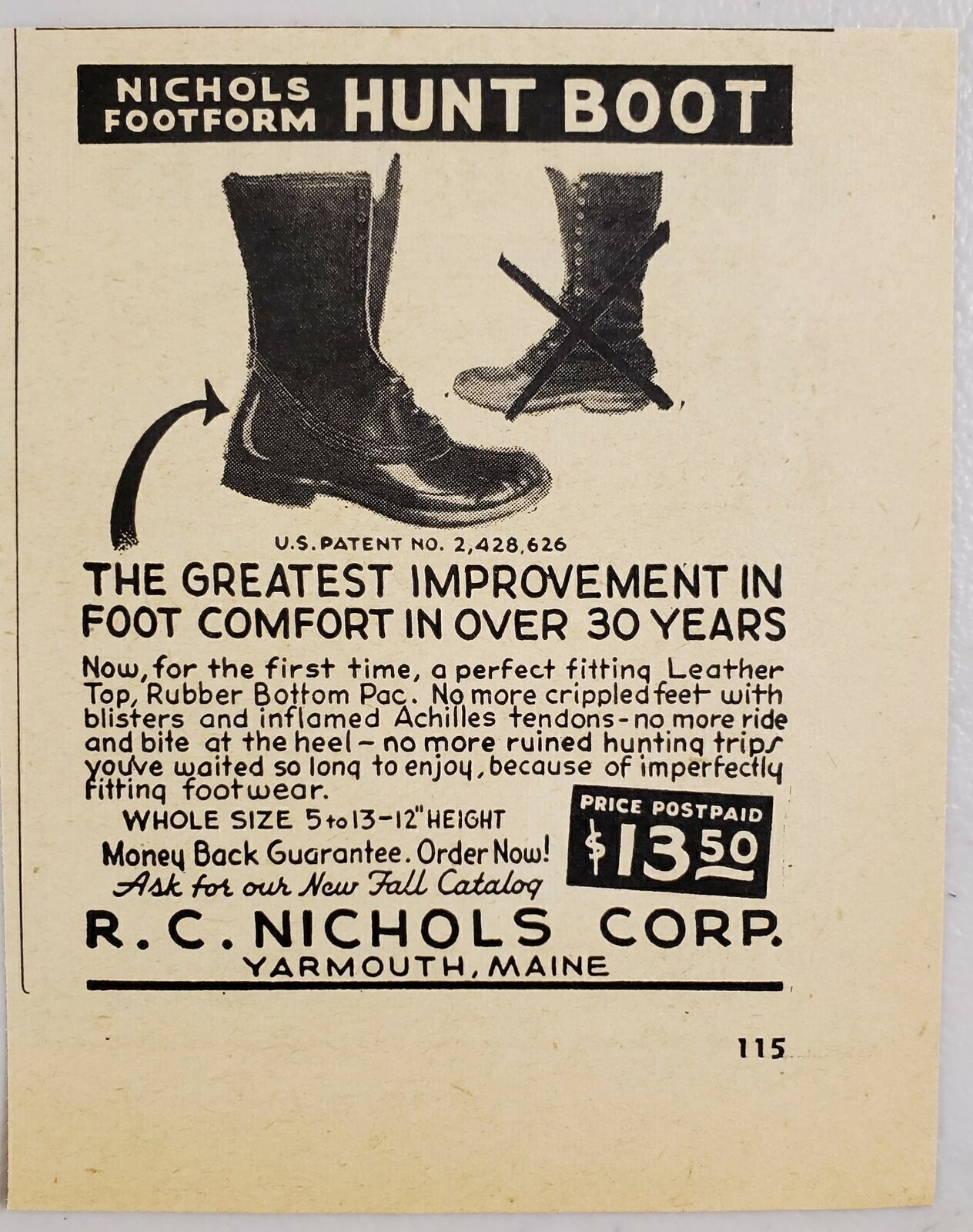 1948 Print Ad Nichols Footform Hunting Boots R.C. Nichols Yarmouth,Maine