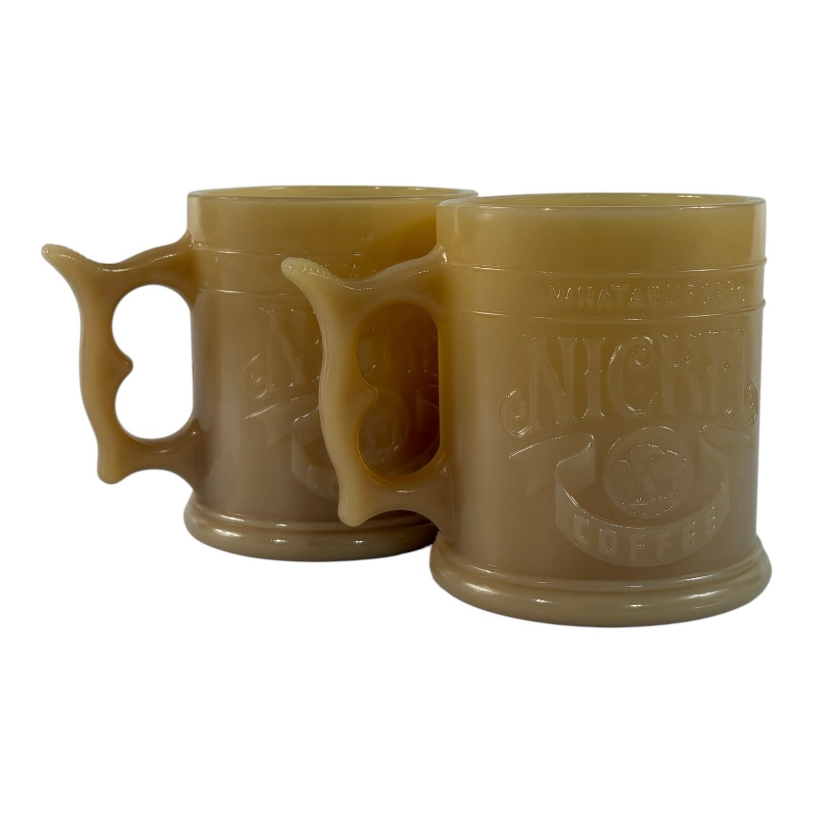 2 Whataburger Buffalo Nickel Coffee Cup Mug Butterscotch Vintage Milk Glass Mug