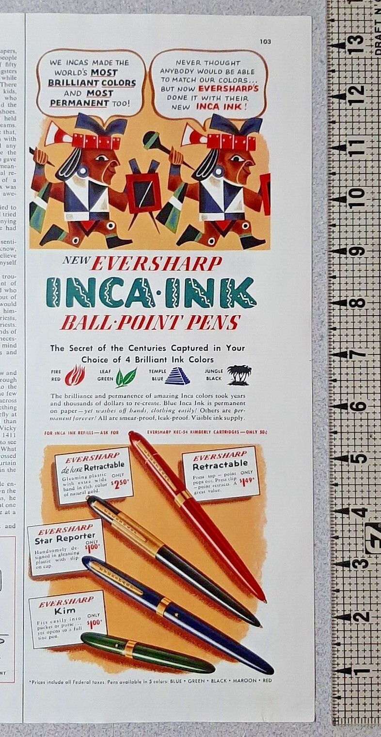 1953 Inca Ink Vintage Print Ad Ball Point Pens Retractable Brilliant Colors