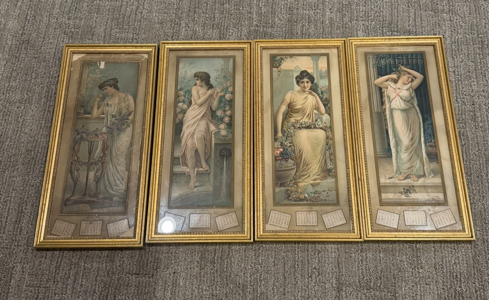 SWIFTS CALENDAR GIRL 1902 JULES DELAROCHE PRINTS GOLD FRAMES SET LOT 4 VICTORIAN