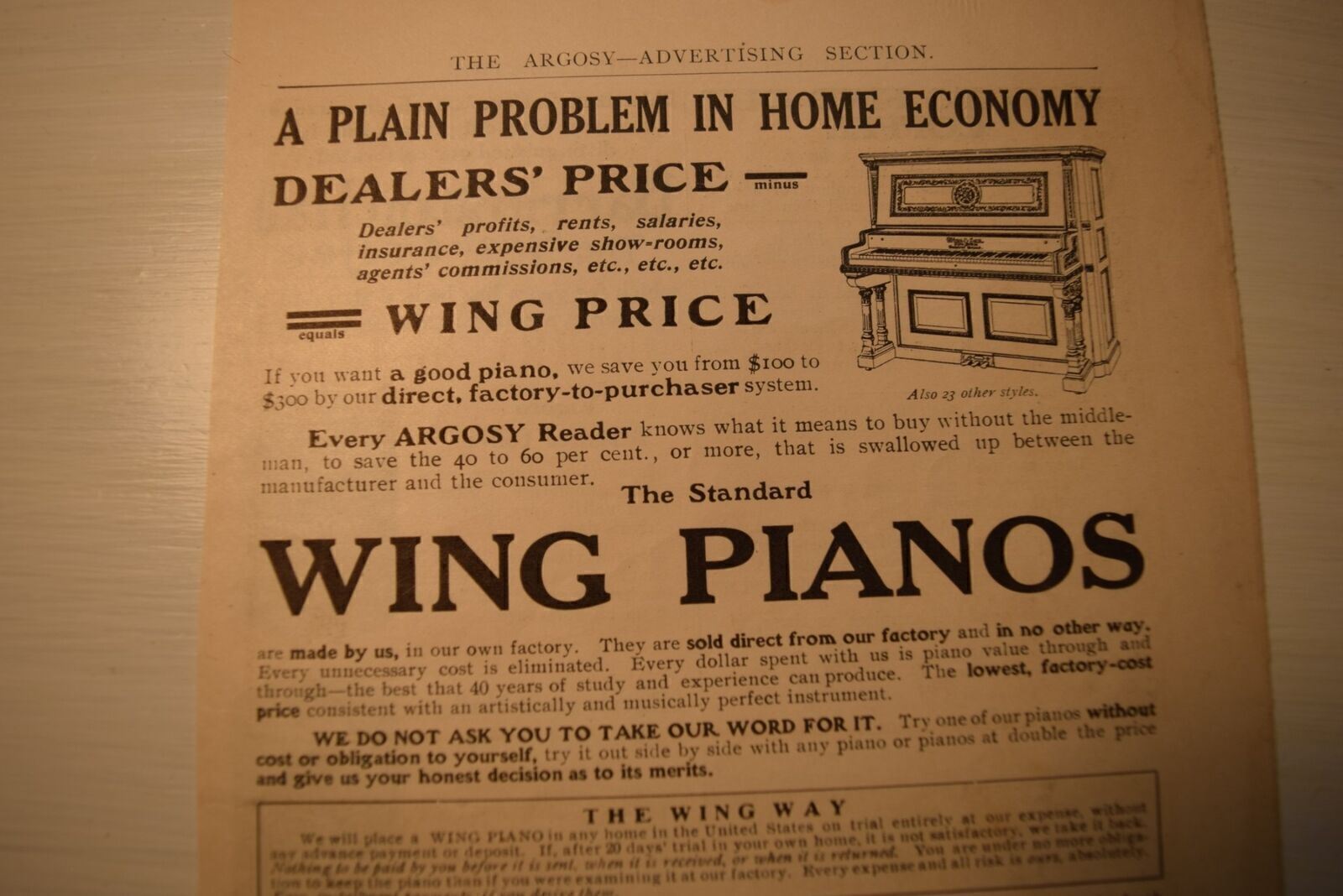 1909 Wing Piano Wing & Son Company NYC Ad The Argosy Magazine – RA3B37