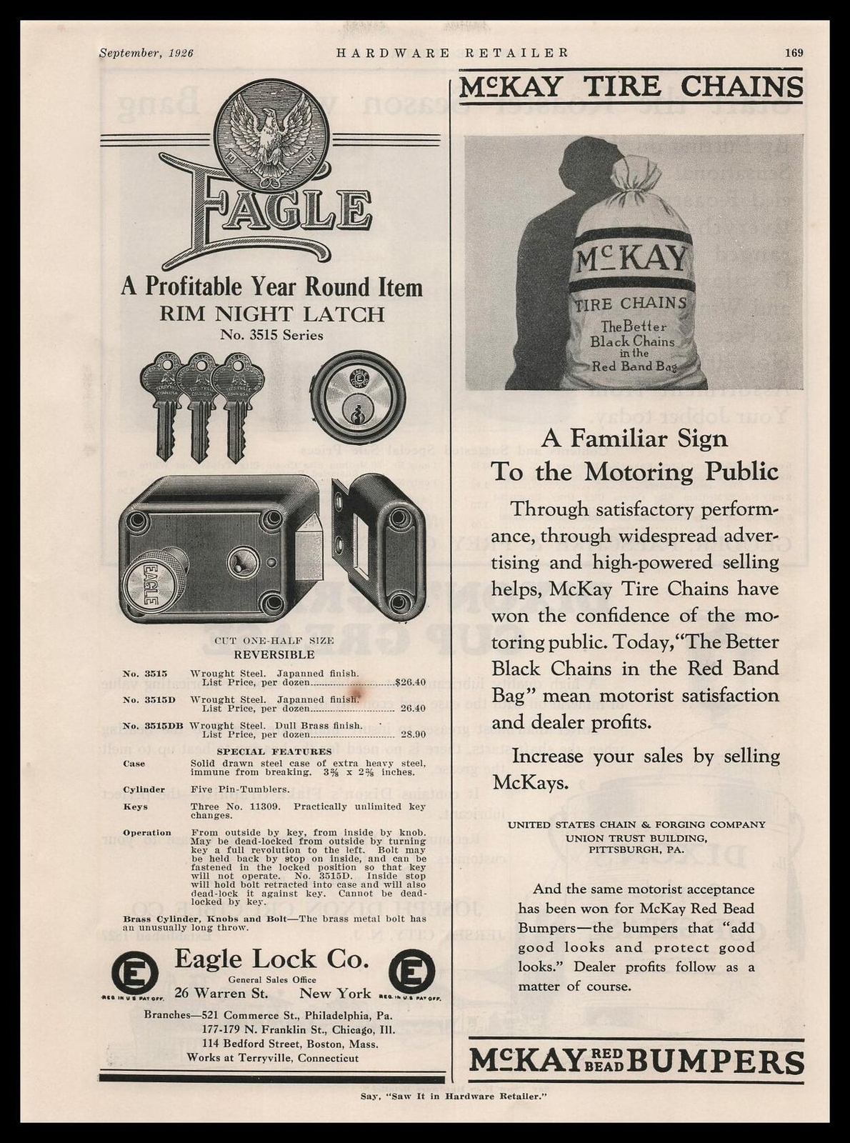 1926 Eagle Lock Company New York NY 3515 Series Rim Night Latch Vintage Print Ad