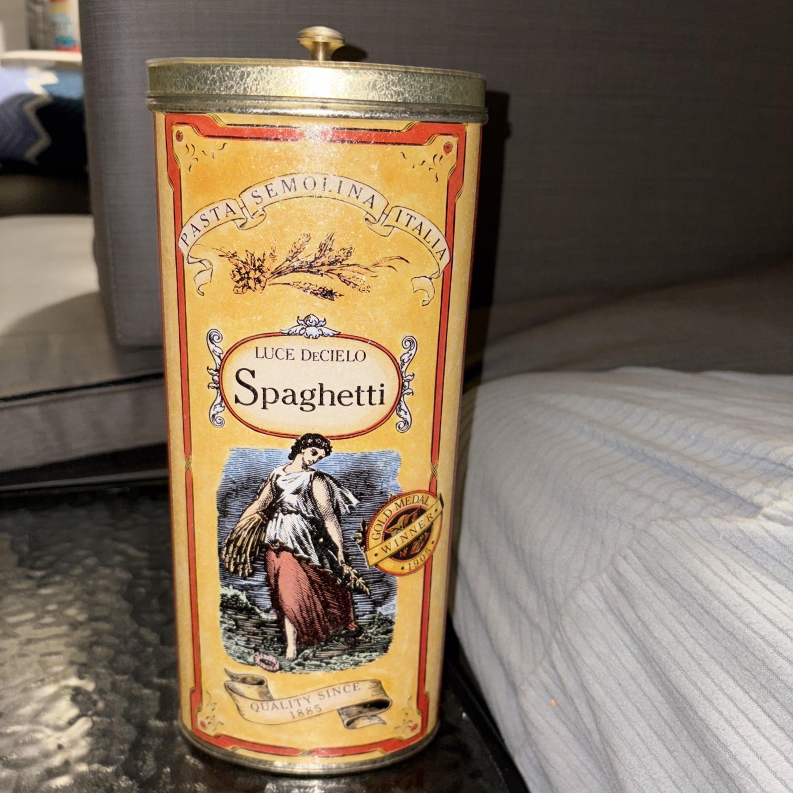 Vintage Look Pasta Tin Semolina Italia Luce Decielo Spaghetti 10.5” Tall