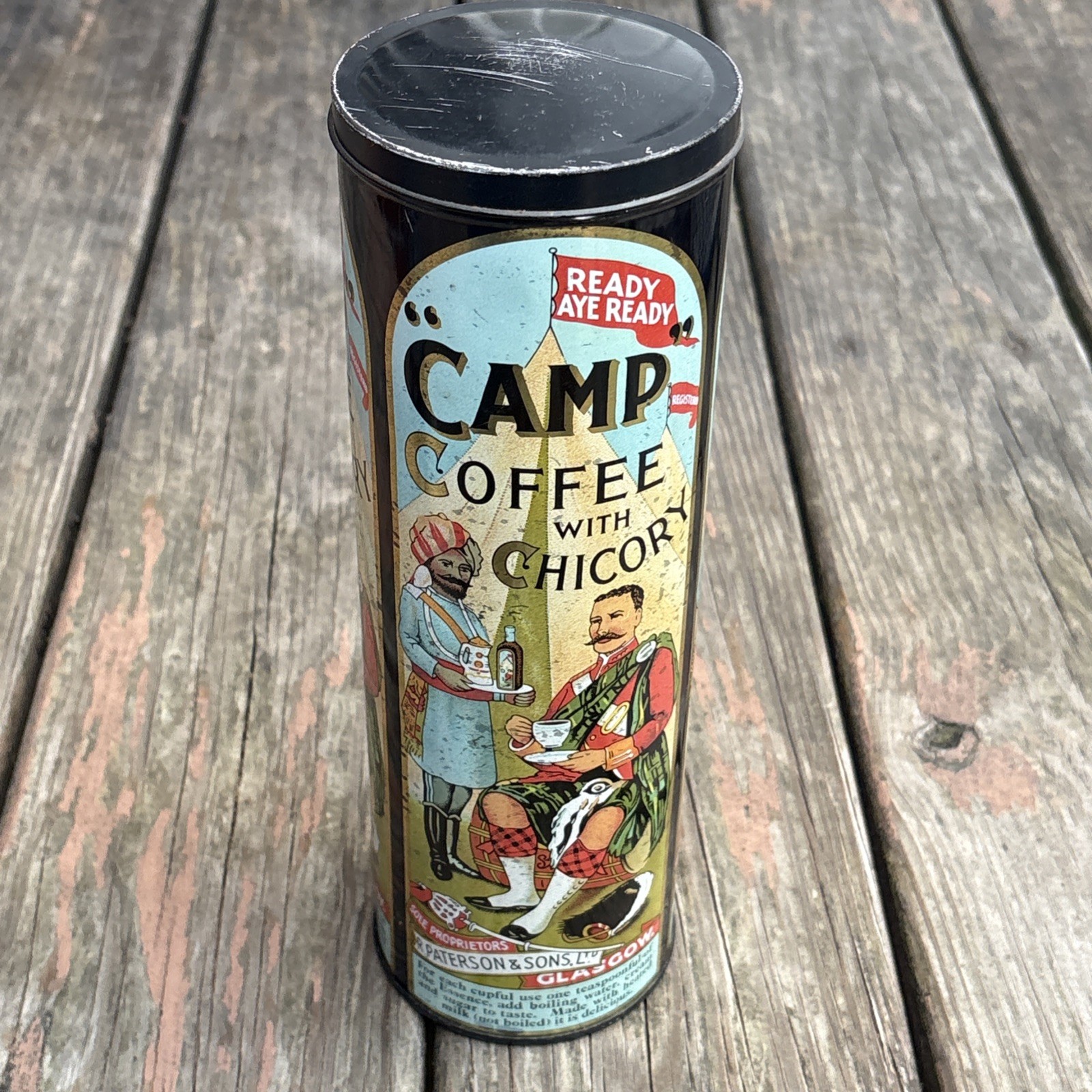 Camp Coffee with Chicory Collectible Advertising Tin Light Blue Black Red Beige