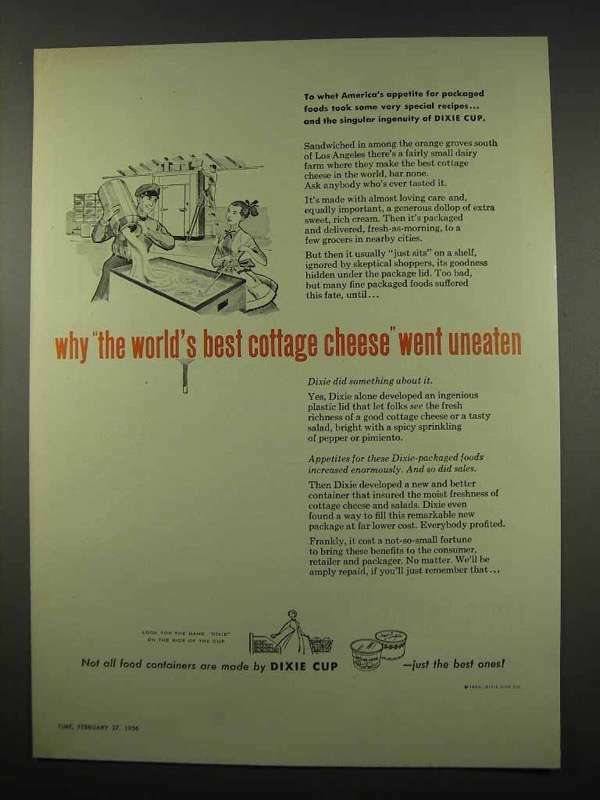 1956 Dixie Cup Food Container Ad – Cottage Cheese