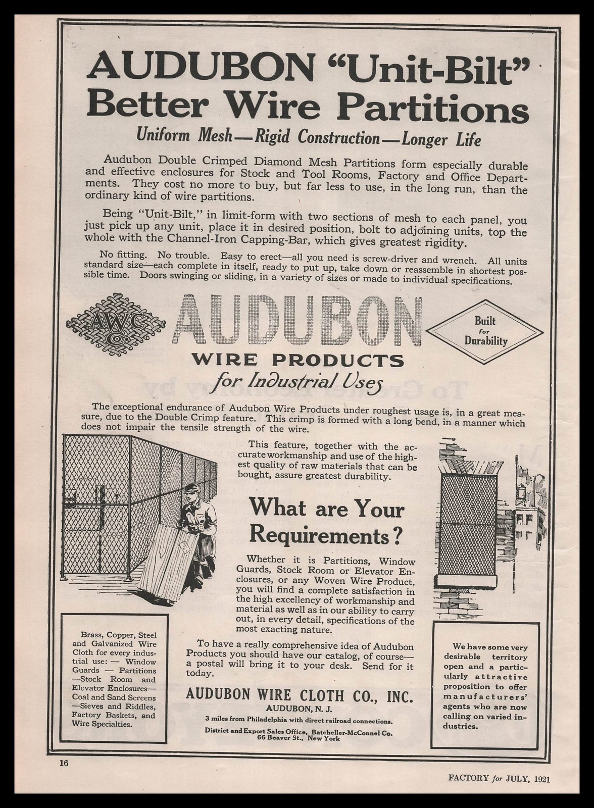 1921 Audubon New Jersey Wire Cloth Co. Industrial Partitions Vintage Print Ad