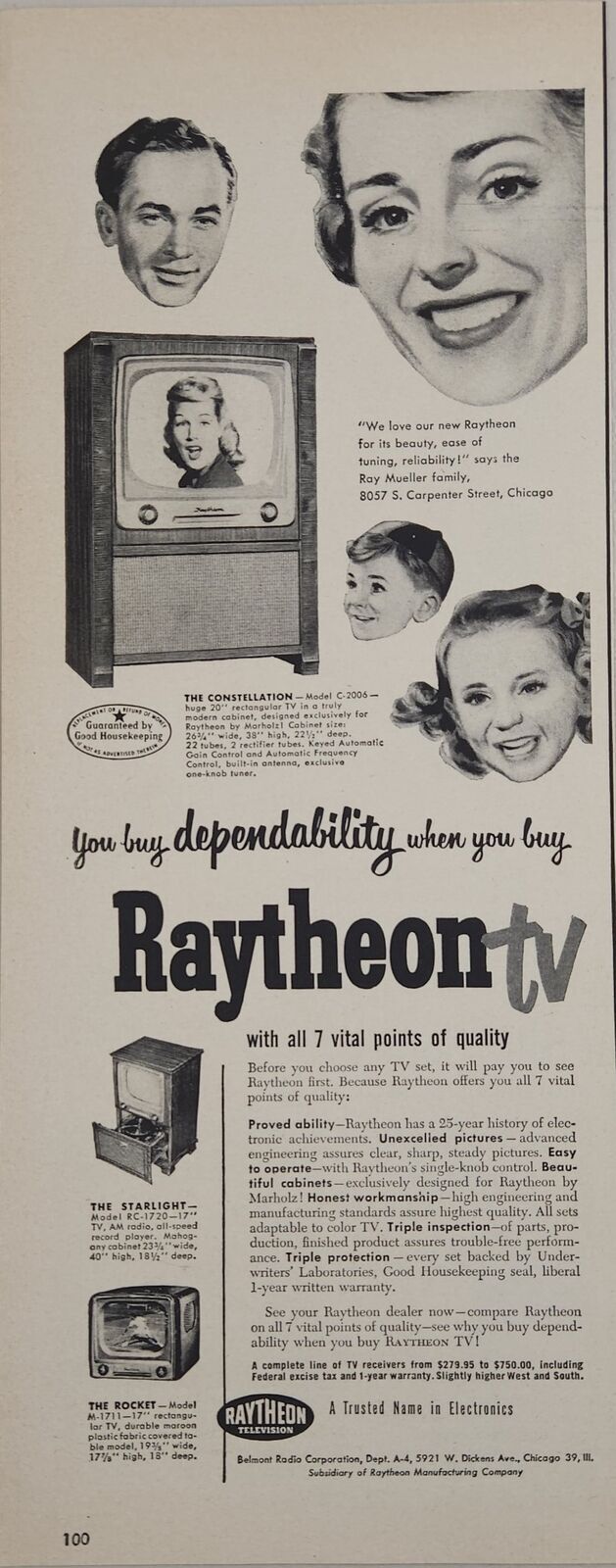 1951 Print Ad Raytheon Television Sets & Record Players Belmont Chicago,IL