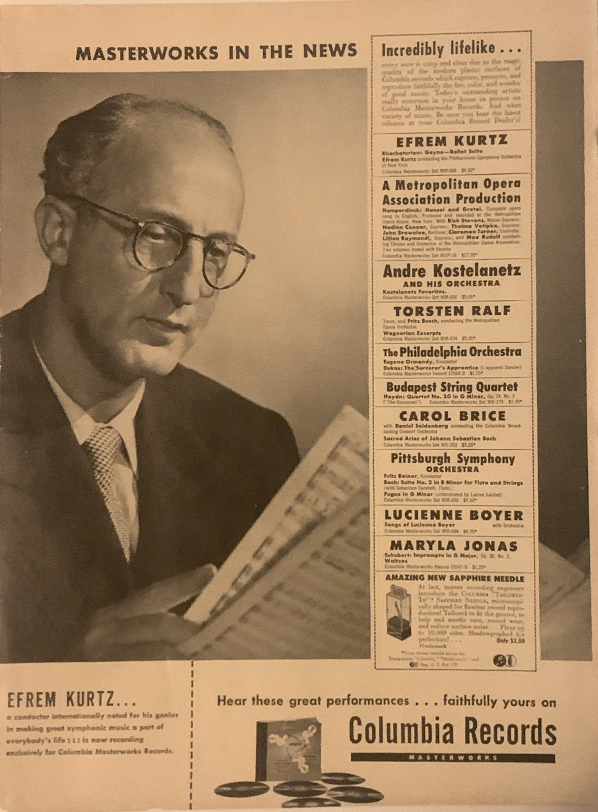 1947 Columbia Records Masterworks PRINT AD Efrem Kurtz – Conductor VTG 1940s