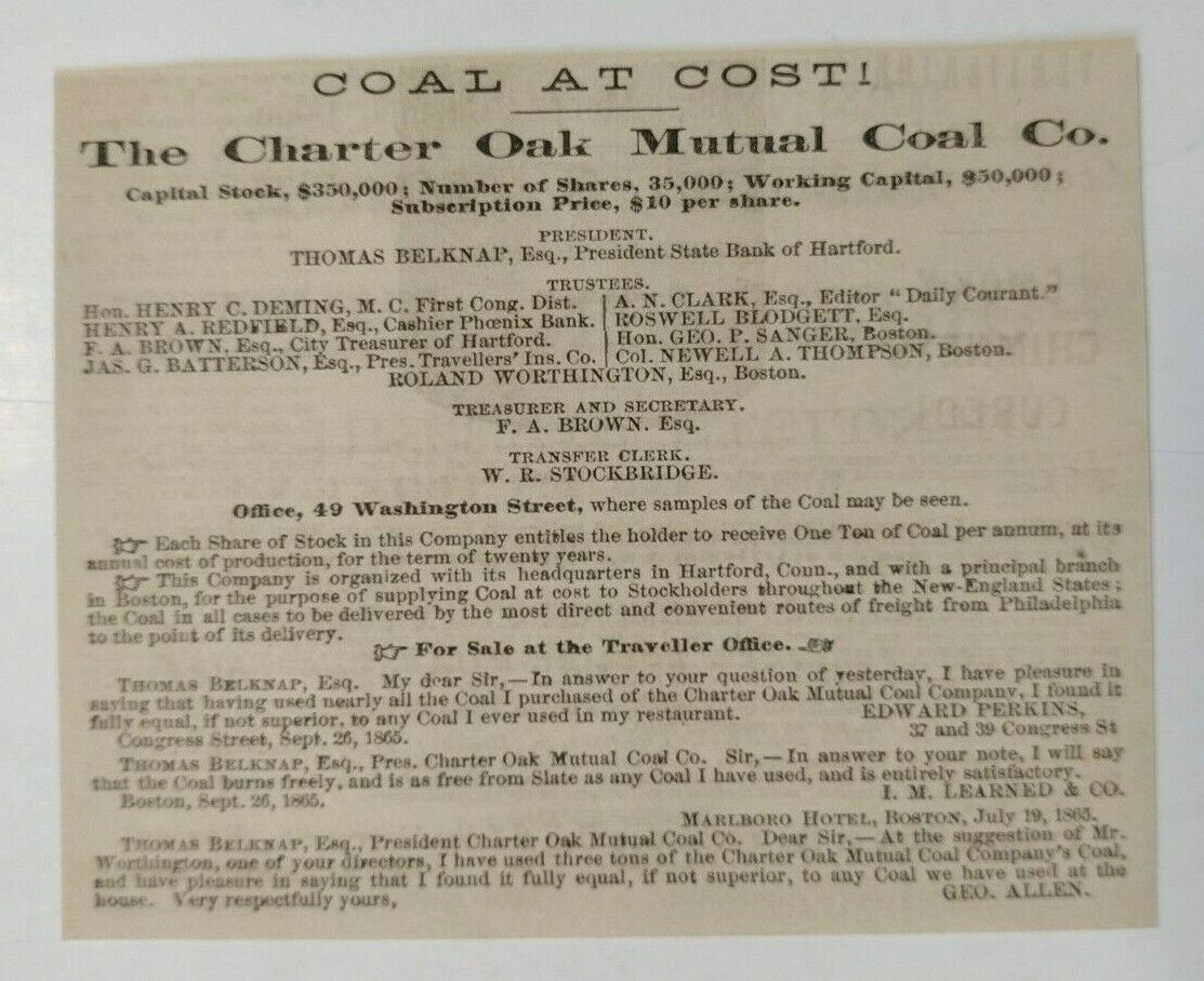 1865 The Charter Oak Mutual Coal Co. Advertisement Boston, Massachusetts