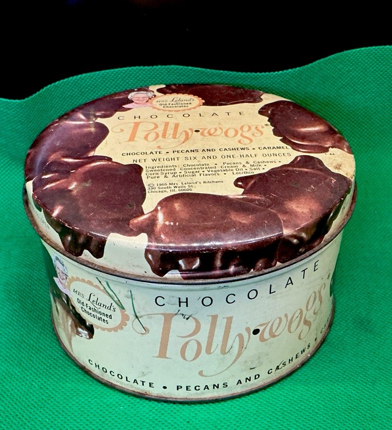 1960’s Vintage chocolate Candy Tin Can Mrs. Leland’s Chocolate Pollywogs USA