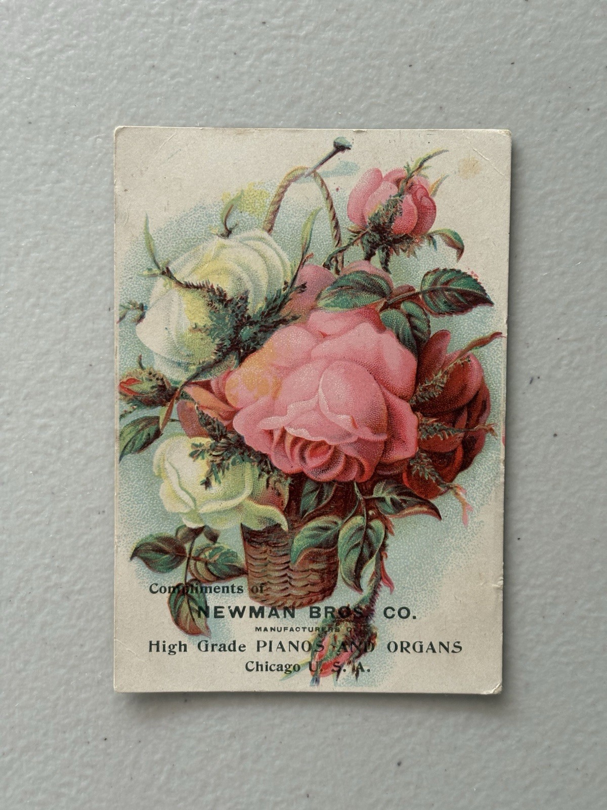 Antique Victorian Litho Ad Card Newman Bros Pianos & Organs Pink Roses C.1892