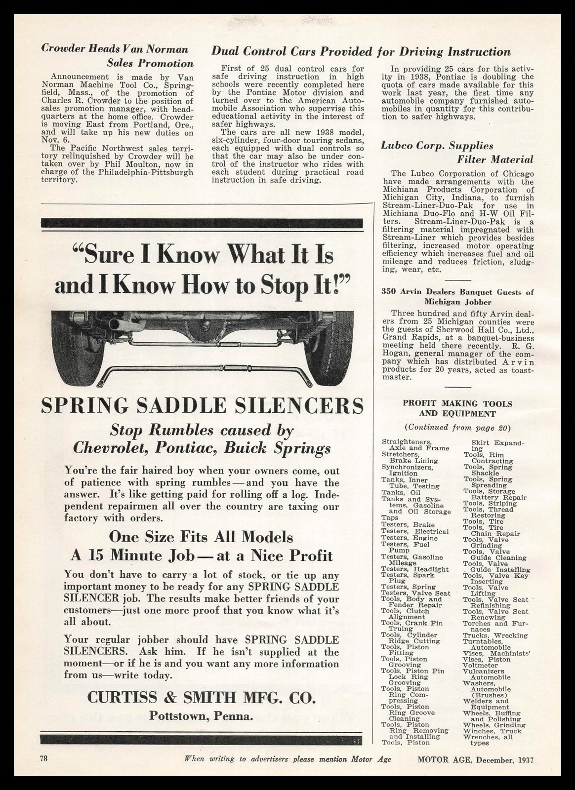 1937 Curtiss & Smith Spring Saddle Silencers Pottstown Pennsylvania Print Ad