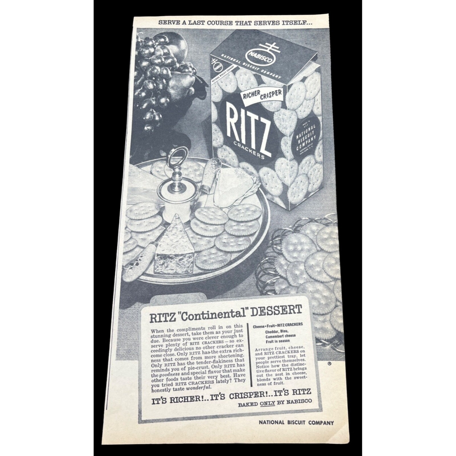 Nabisco Ritz Crackers Vintage Print Ad 1950s Continental Dessert Recipe
