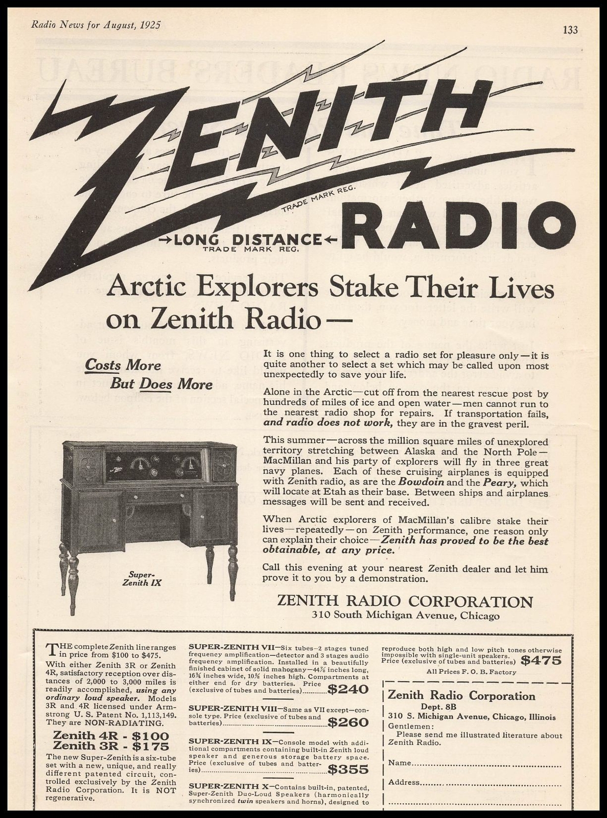 1925 Zenith Radio Chicago $355 Super IX Long Distance Receivers Vintage Print Ad