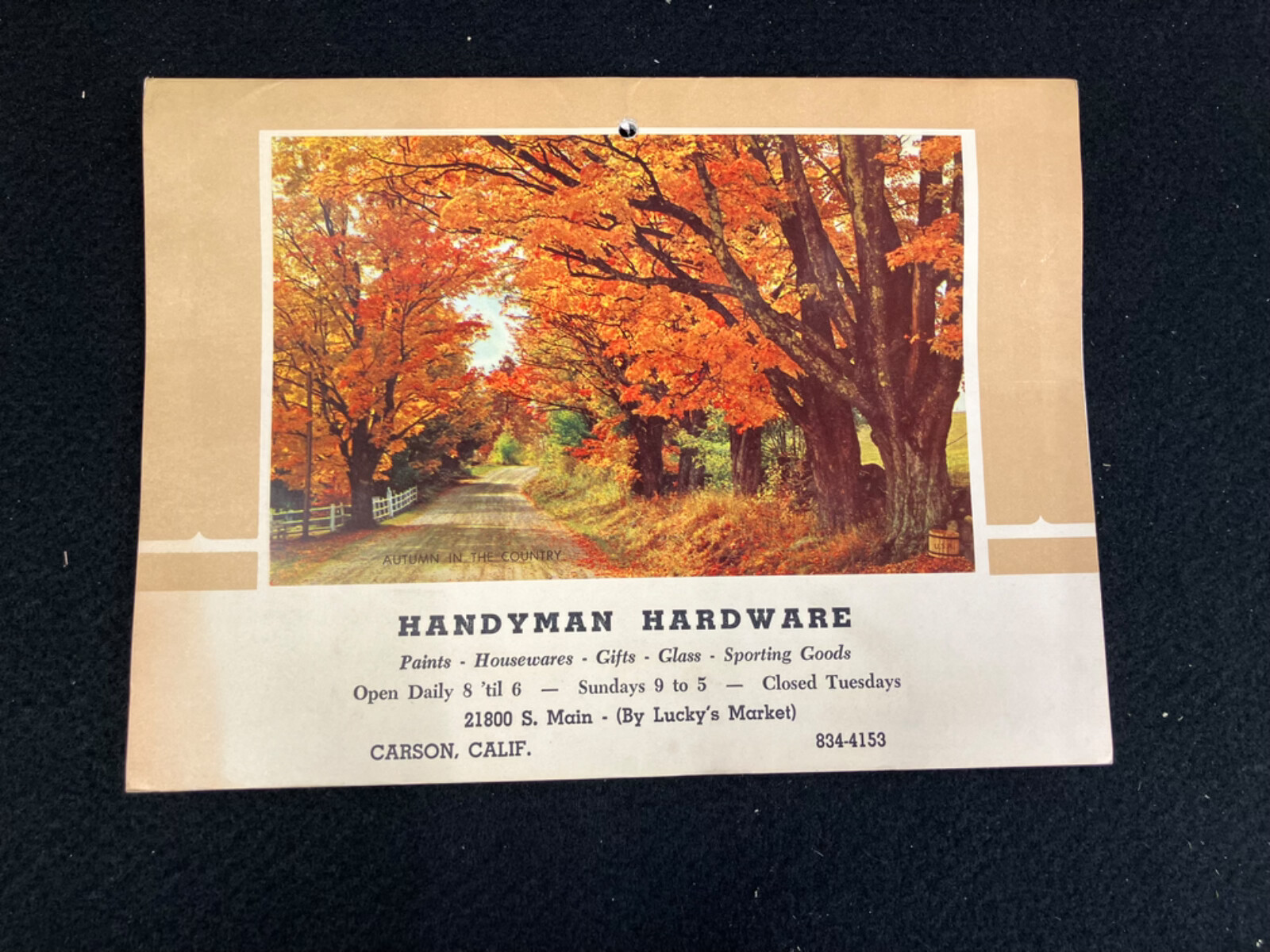 1972 FOLDOUT CALENDAR, HANDYMAN HARDWARE, CARSON, CALIFORNIA 8.5″X18.5″ UNFOLDED