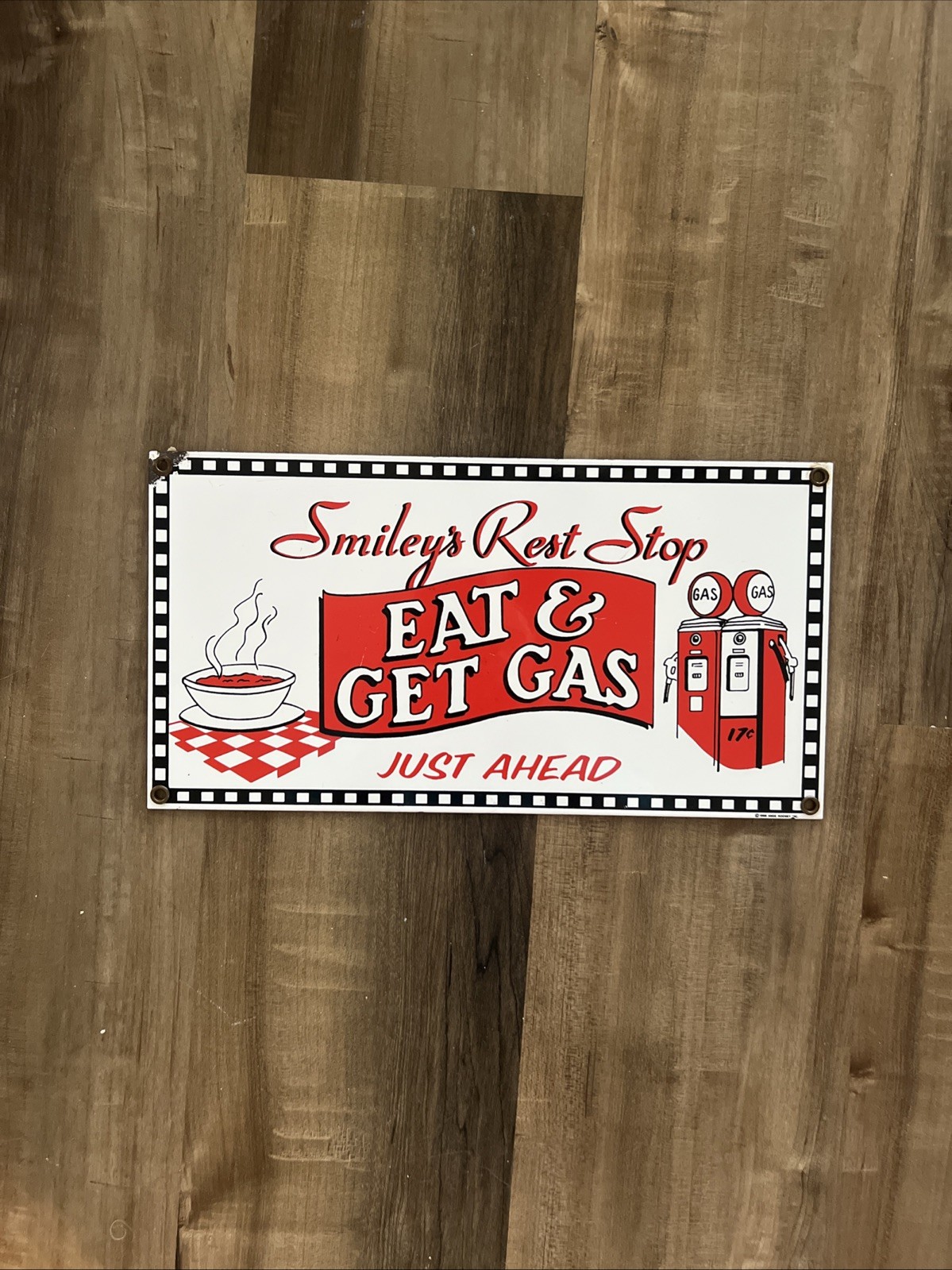 Smiley’s Rest Stop Porcelain Sign Andy Rooney Eat + Get Gas Vintage 6″ x 12″