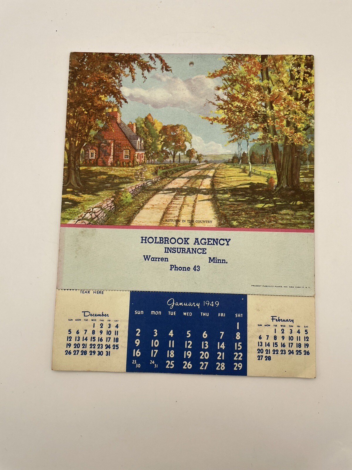 1949 ADVERTISING CALENDAR – Holbrook Agency Insurance Warren Minn. VTG
