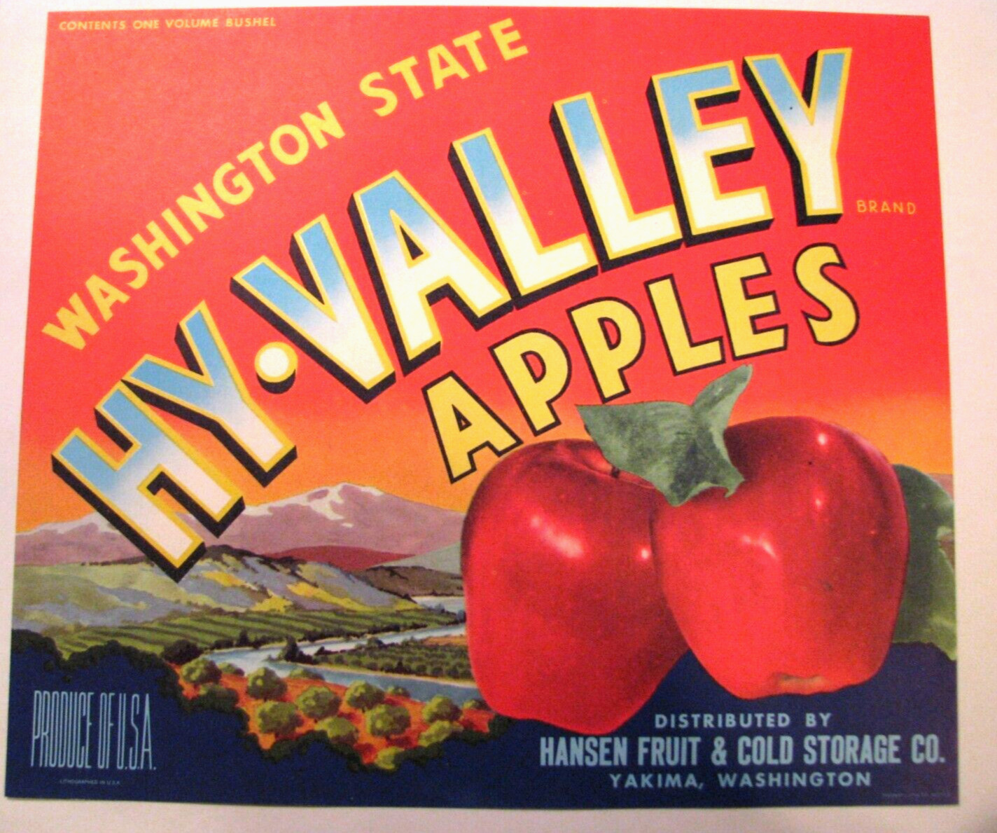 Original HY-VALLEY apple crate label Hansen Fruit & Cold Storage Yakima WA red