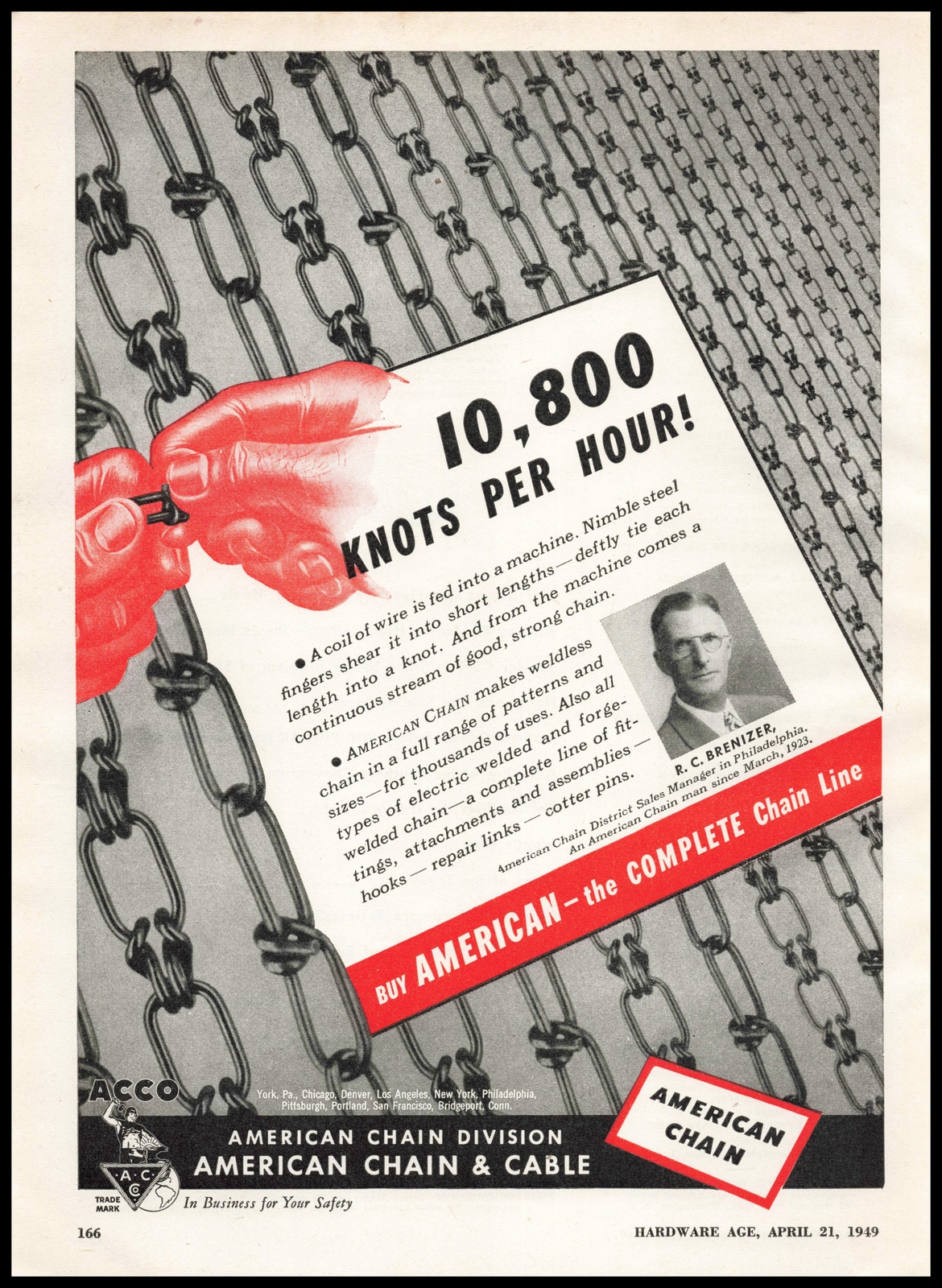 1949 American Chain & Cable R.C. Brenizer Manager 10,800 Knots Per Hour Print Ad