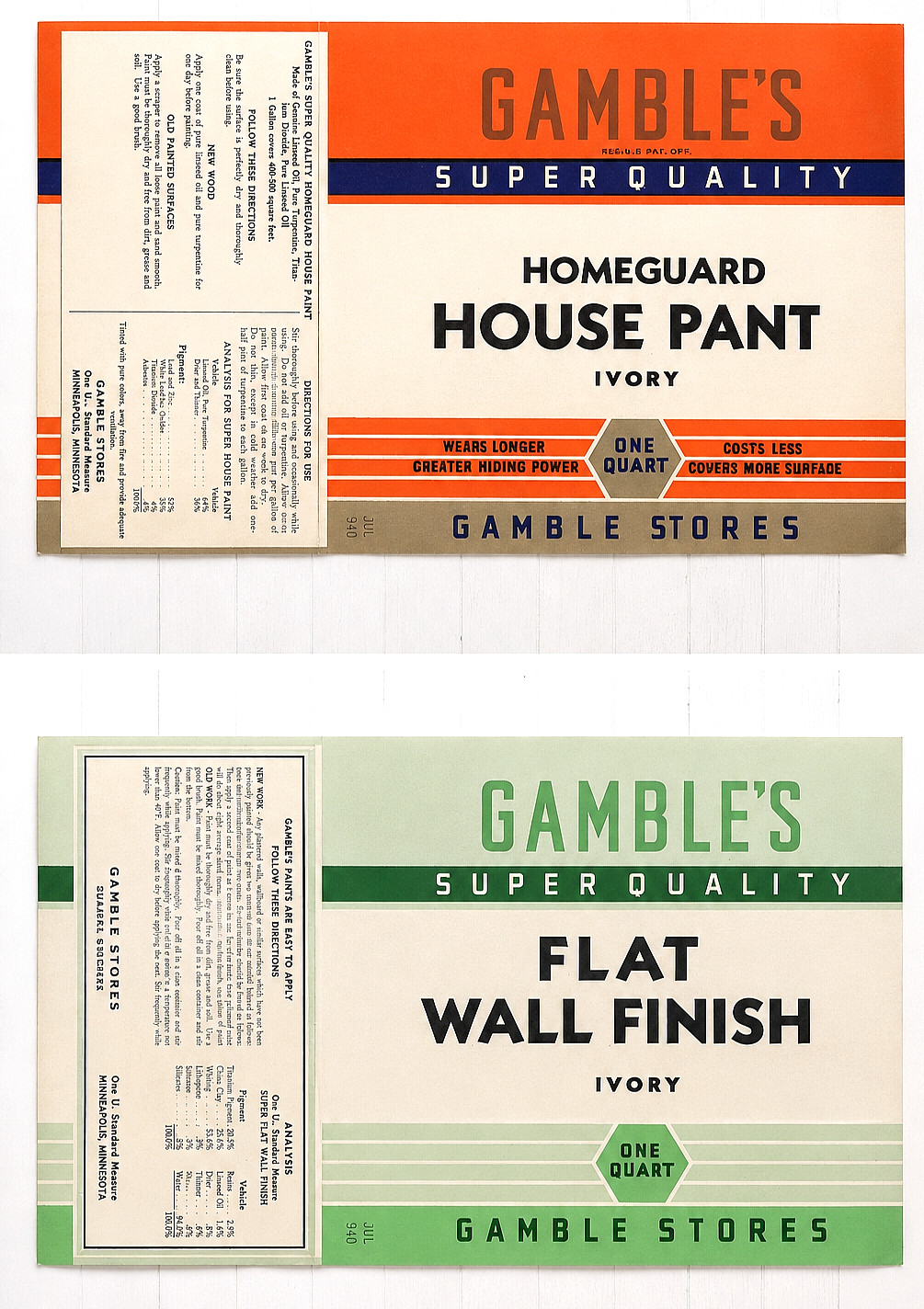 Vintage Gambles Paint Labels 1940s Homeguard Flat Wall Finish Green Orange Paper