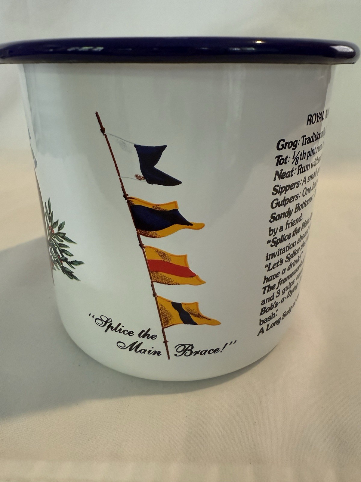 British Navy Pusser’s Rum Enameled Tin Cup with Handle Hand Decorated In USVI