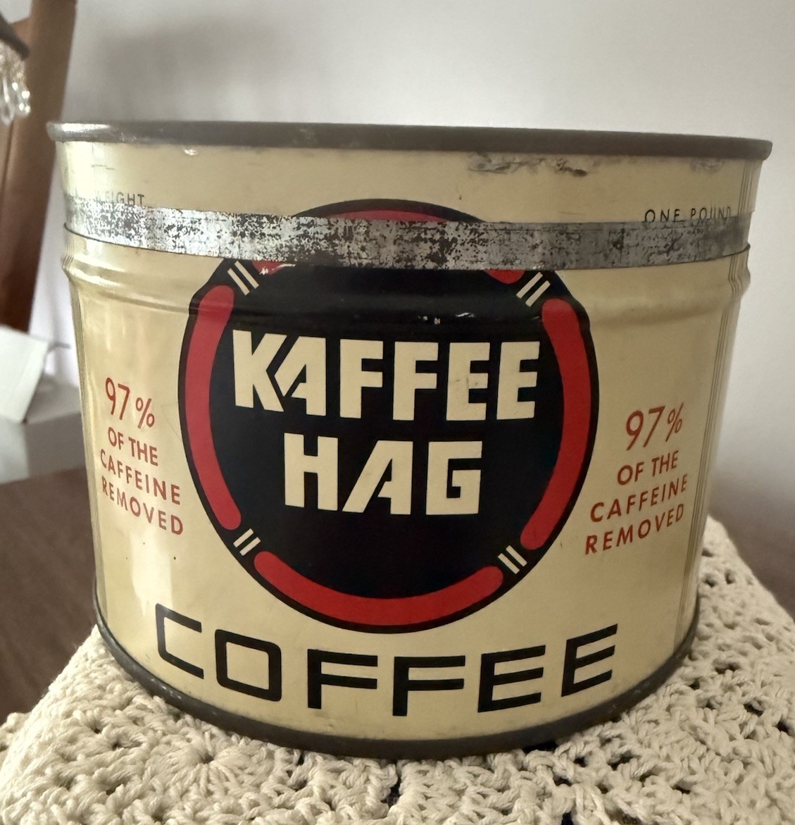 VINTAGE KAFFEE HAG #1 KEYWIND COFFEE TIN CAN COOL GRAPHICS