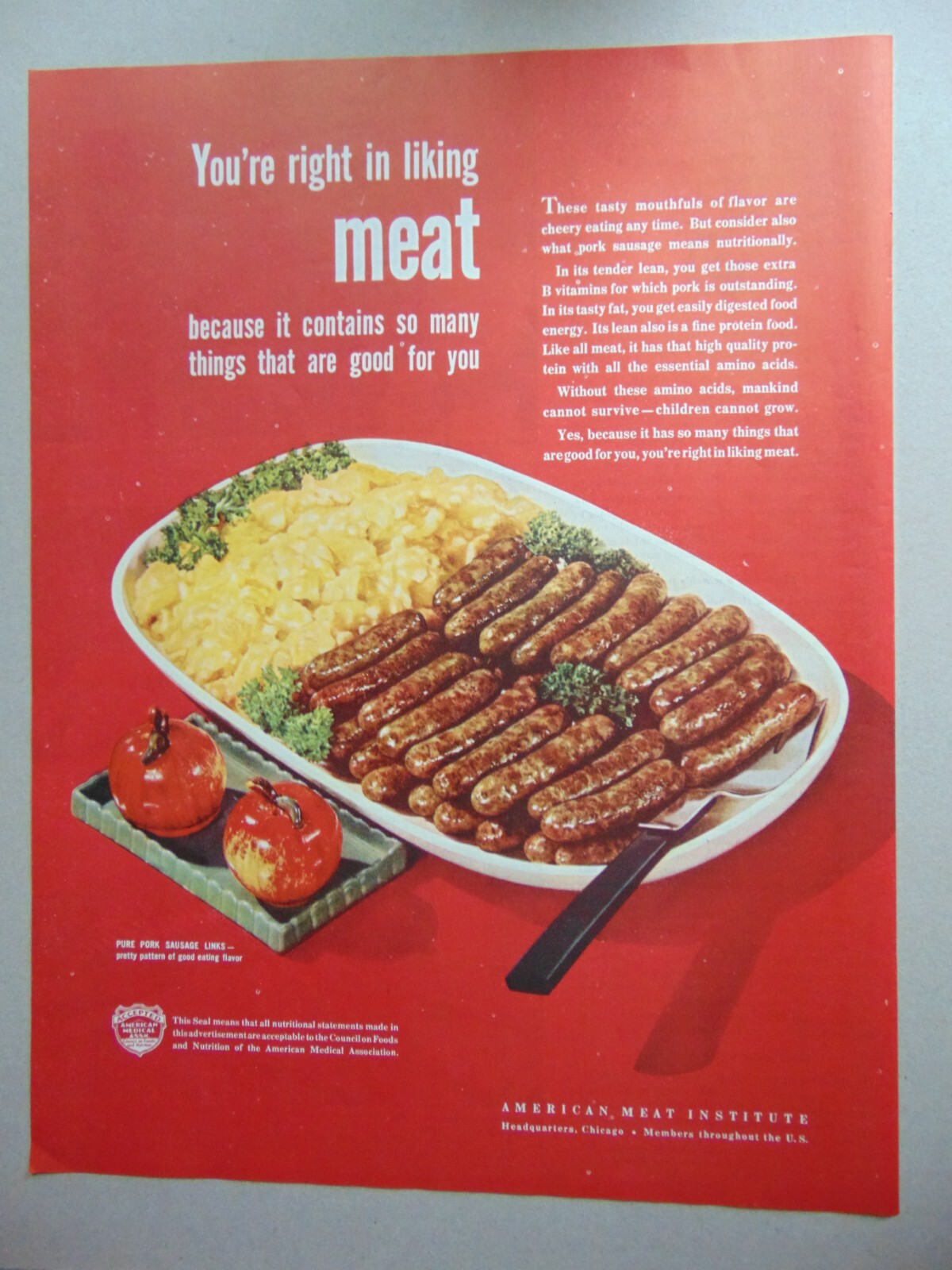 1946 PLATE OF SAUSAGE /Eggs AMERICAN MEAT INSTITUTE vintage art print ad