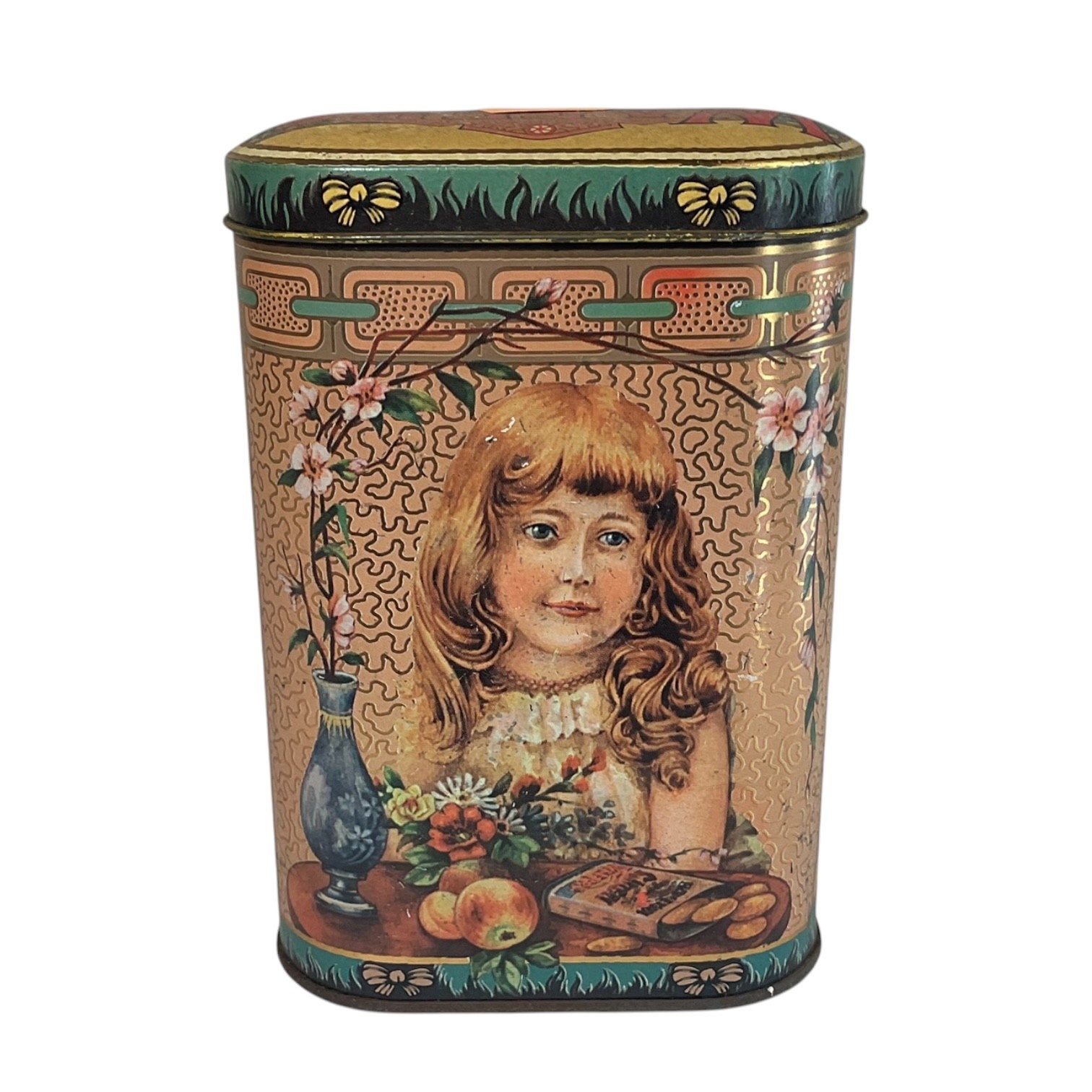 Vintage Home Made Ginger Wafers Biscuit Tin Litho Girl Floral Advertising Ca