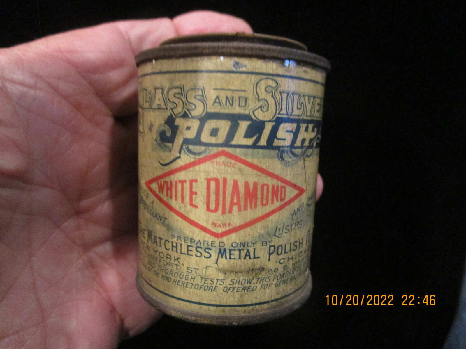 ANTIQUE WHITE DIAMOND GLASS AND SILVER POLISH ADVERTISING TIN, COLUMBIAN EXPO