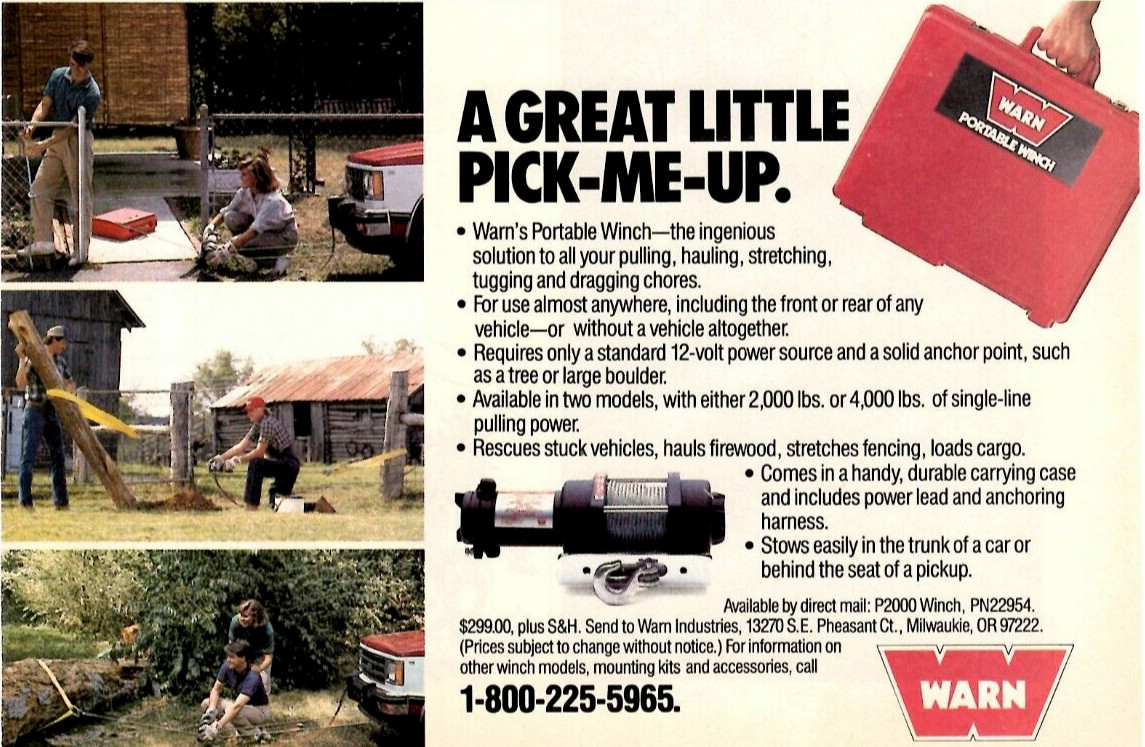 1989 Print Ad Warn Portable Winch 12 Volt Power Source Two Models 2000 lbs 4000