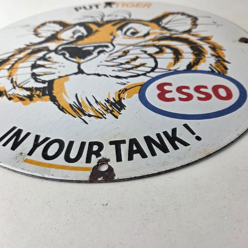 Vintage Esso Gasoline Sign – Tiger Auto Tank Gas Station Porcelain Sign