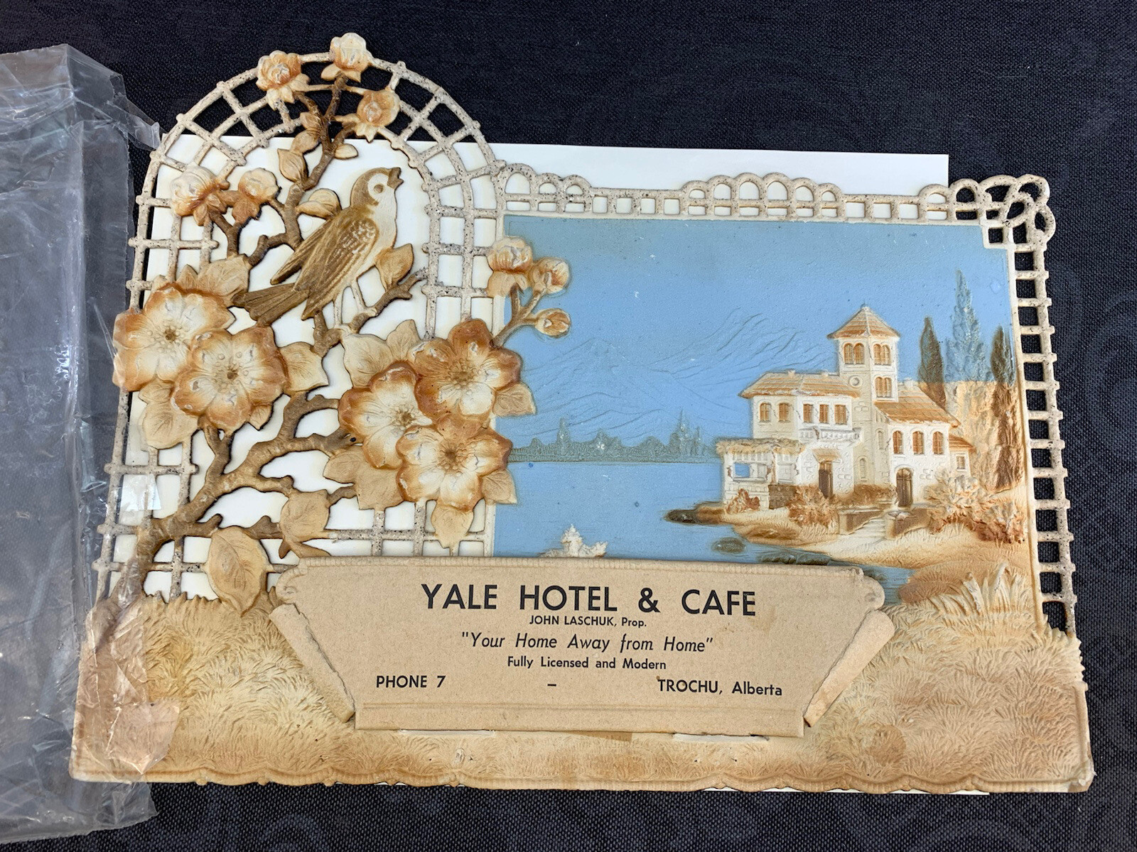 Advertising Yale Hotel Cafe Trochu Alberta Card Pocket Holder Lace Antique