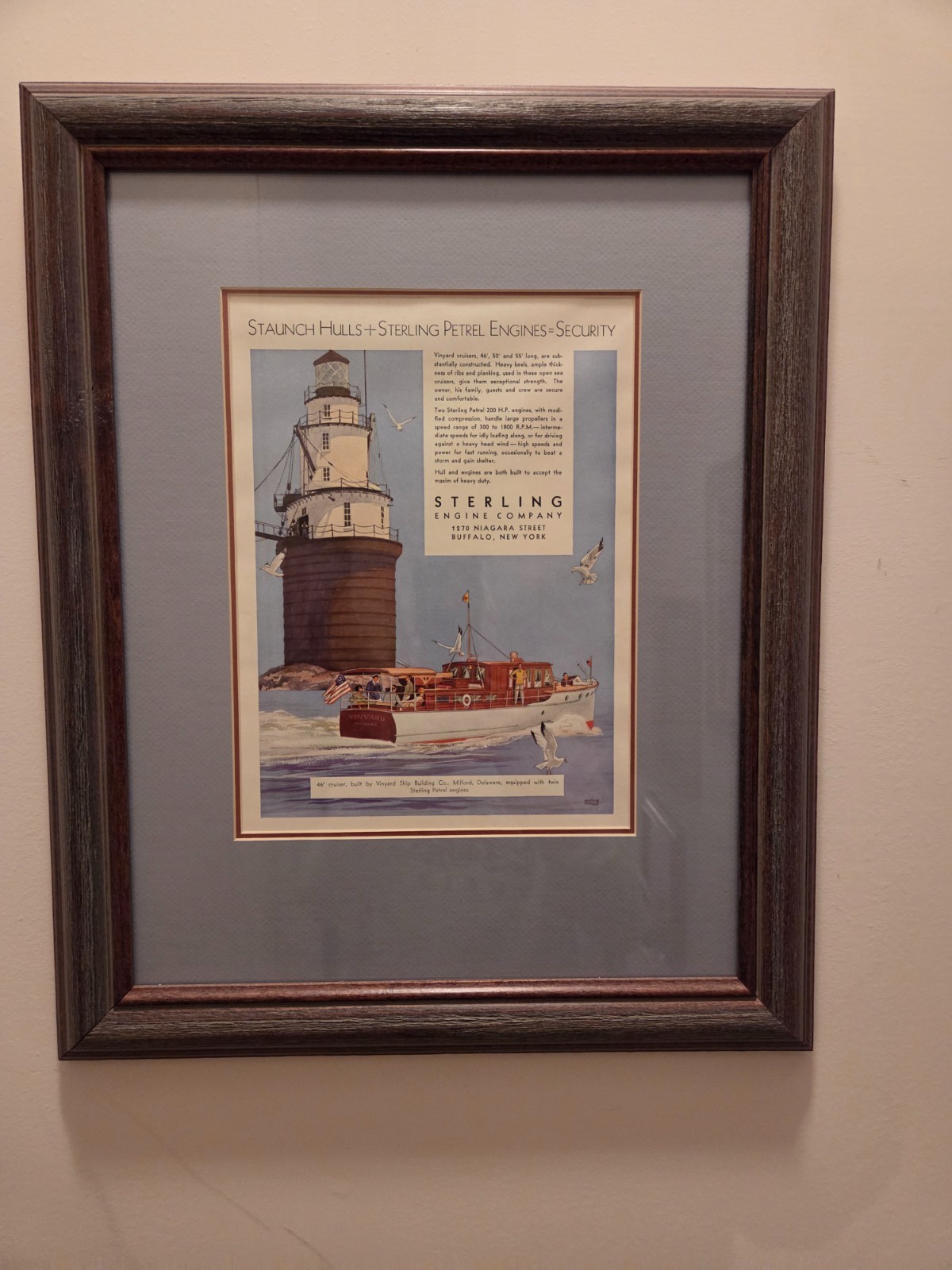 Vintage Nautical Advertising in Wood Frame for Sterling Engine Co.