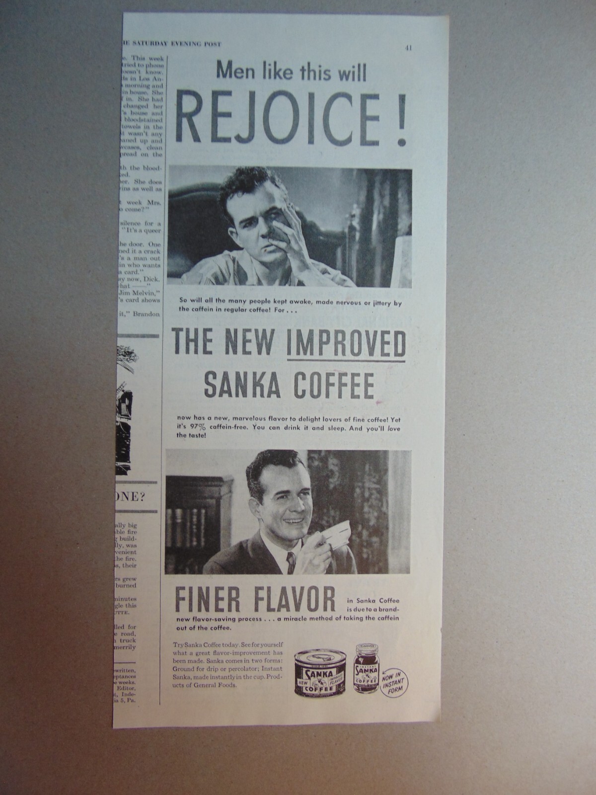 1948 Men Will REJOICE New IMPROVED SANKA COFFEE print ad