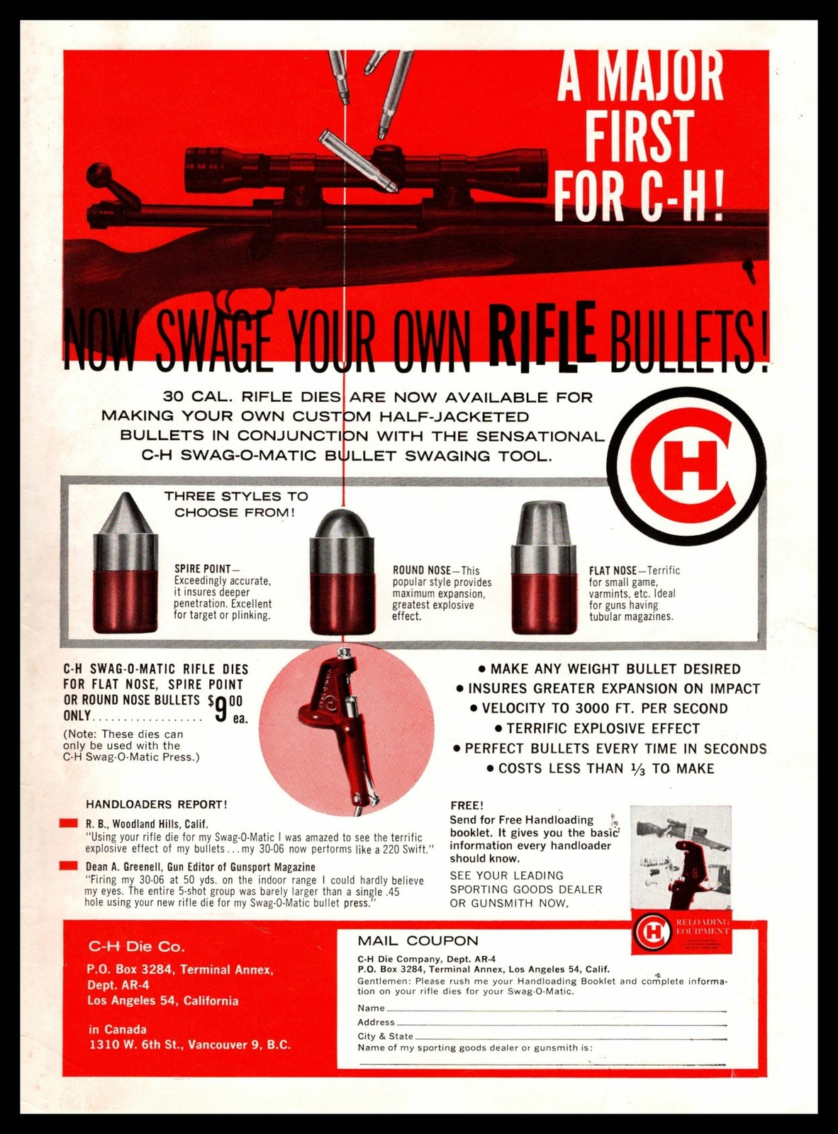 1961 C-H Die Co. Los Angeles CA Swag-O-Matic 30 Cal. Rifle Dies Vintage Print Ad