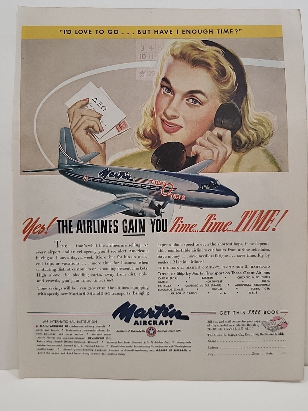 1953 Martin Aircraft 2-0-2 Holiday Print Ad Vacation Airplane Jet Blonde