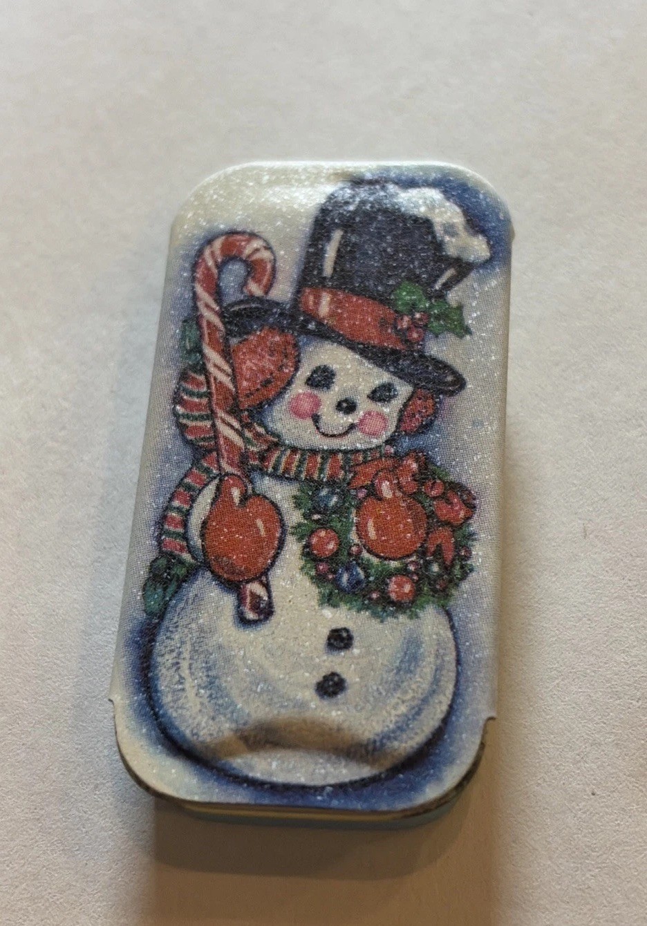 Vintage Potpourri Press Merry Jolly Snowman with Candy Cane Pill Tin 90’s Y2K