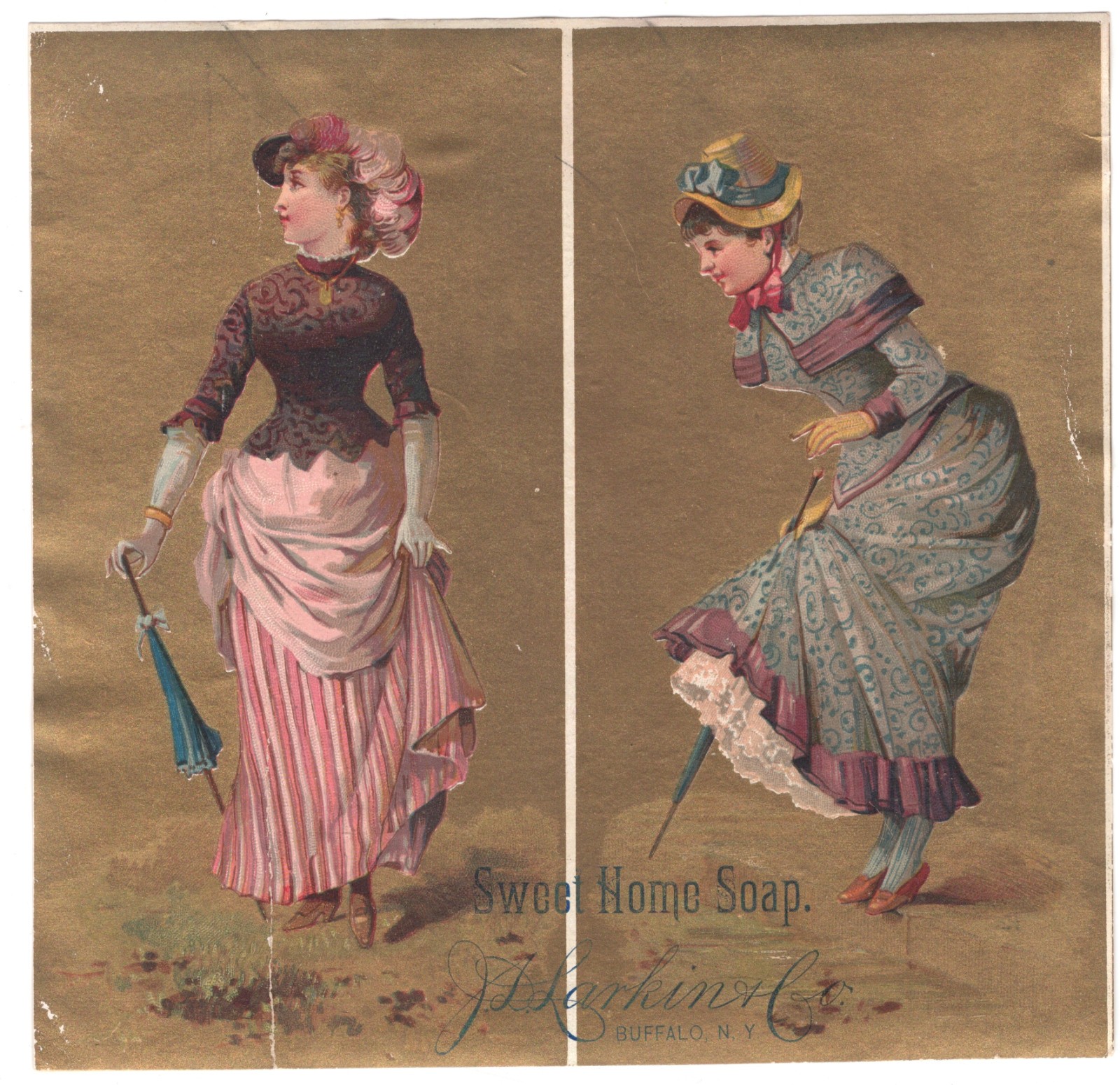 2 UNCUT LADIES, LARKIN & CO SWEET HOME SOAP TRADE CARDS, CHROMOLITHOGRAPHS C827*