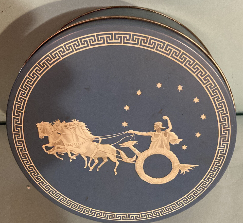 Vintage BLUE Round Tin Embossed Roman Grecian White Horses & Chariot Olive Can