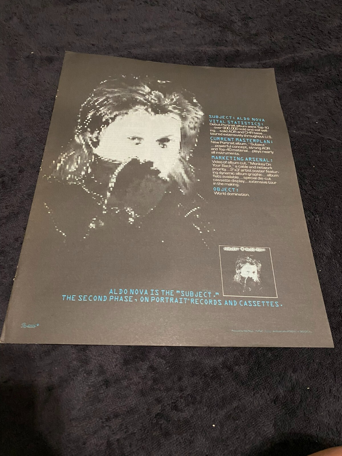 ALDO NOVA 1982 ad for hit “Subject” with “Object: World Domination” on the ad