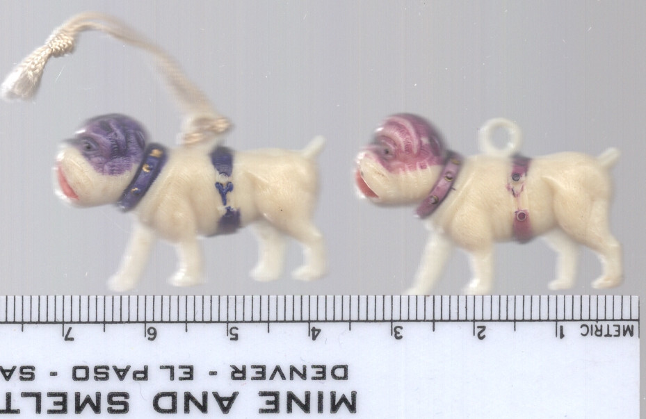 (2) OLD ST BERNARD CELLULOID CHARMS, 1920’s/’30’s, both are 80+ YEARS OLD CH2