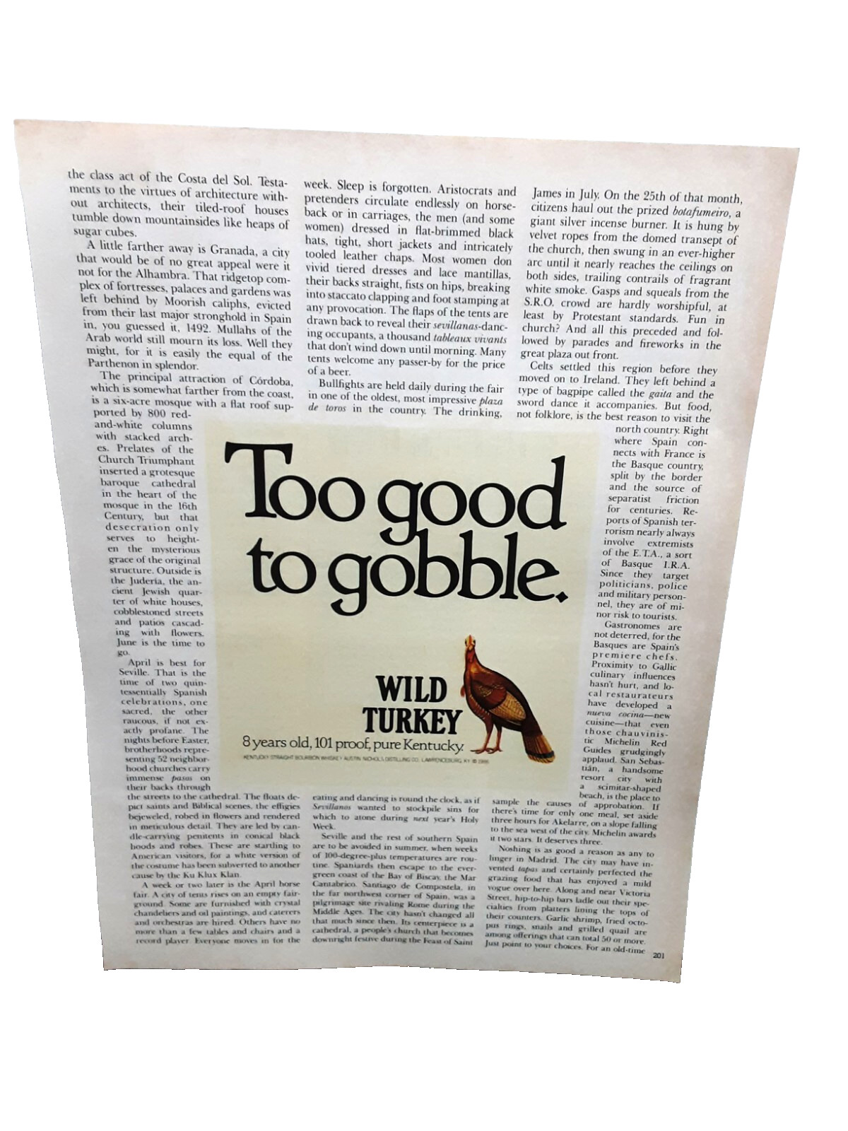 1989 Too Good To Gobble Wild Turkey 101 Proof Original Print Ad Vintage 80s